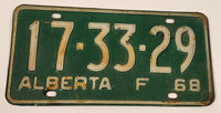 Vintage 1968 Alberta Farm Vehicle White Letters Green Vehicle License Plate Tag 17 33 29