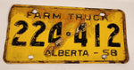 Vintage 1958 Alberta Farm Truck Black Letters Yellow Vehicle License Plate 224 412