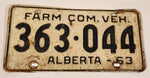 Vintage 1963 Alberta Farm Commercial Vehicle Black Letters White Vehicle License Plate 363 044