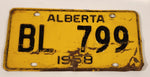 Vintage 1958 Alberta Black Letters Yellow Vehicle License Plate BL 799