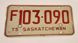 Vintage 1975 Saskatchewan Farm Vehicle Red Lettering White Vehicle License Plate Metal Tag 103 090