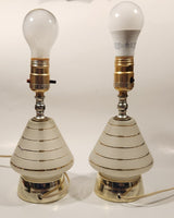 Vintage 1950s MCM Gold Trimmed Frosted Glass 14" Table Lamp Pair