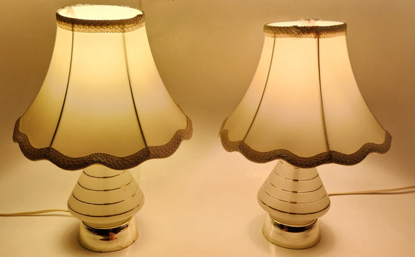 Vintage 1950s MCM Gold Trimmed Frosted Glass 14" Table Lamp Pair