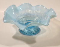 Antique 1910 Northwood Greek Key Meander Motif Ruffled Edge Opalescent Blue Art Glass Pedestal Candy Dish