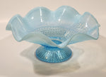 Antique 1910 Northwood Greek Key Meander Motif Ruffled Edge Opalescent Blue Art Glass Pedestal Candy Dish