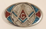 Vintage 1970s TT Stone Masons Masonic Temple Red and Turquoise Coral Metal Belt Buckle