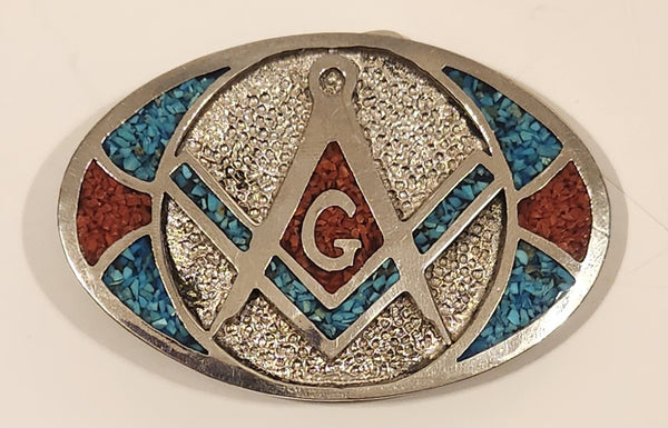 Vintage 1970s TT Stone Masons Masonic Temple Red and Turquoise Coral Metal Belt Buckle