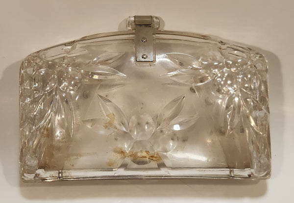Vintage 1950s Floral Decor Clear Lucite Clutch Purse with Rhinestones