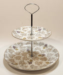 Vintage Barratt's Delphatic Tableware Ironstone England 9 1/2" Tall Two Tier Cupcake Desert Stand Serving Tray