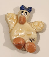 Yellow Chicken Bird with Blue Ribbon Pottery Fridge Magnet Has Repair