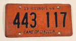 Vintage 1969 Illinois Land of Lincoln Black Letters Orange Embossed Metal Vehicle License Plate Tag 443 117