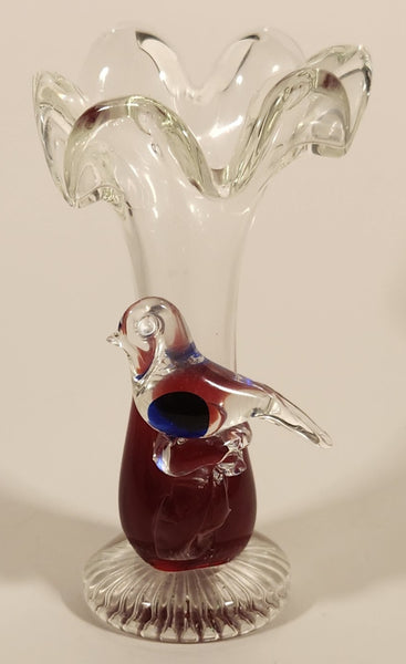 Clear and Blood Red Ruffled Edge with Applied Clear and Blue Small Song Bird 6" Blown Art Glass