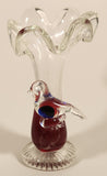 Clear and Blood Red Ruffled Edge with Applied Clear and Blue Small Song Bird 6" Blown Art Glass