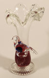 Clear and Blood Red Ruffled Edge with Applied Clear and Blue Small Song Bird 6" Blown Art Glass