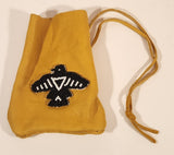 Vintage Native Aboriginal Black and White Beaded Spirit Bird Yellow Leather Medicine Bag