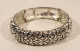 Alternating Ornate Pattern Silver Tone Metal Elastic Bracelet