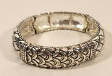 Alternating Ornate Pattern Silver Tone Metal Elastic Bracelet
