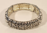 Alternating Ornate Pattern Silver Tone Metal Elastic Bracelet