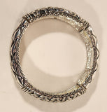 Alternating Ornate Pattern Silver Tone Metal Elastic Bracelet