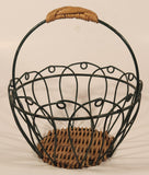 Green Metal Ornate 7 3/4" Basket with Wicker Handle and Bottom