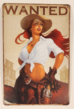 Wanted Wild West Cowgirl with Red Hair Reaching for Revolver in Holster 7 3/4" x 11 3/4" Tin Metal Sign
