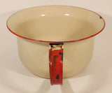Antique Red Rimmed Cream 9 1/2" Porcelain Enamel Metal Pot with Handle