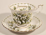 Vintage 1970s Royal Albert Flower of the Month Series January Snowdrops White Flowers Bone China Tea Cup & Saucer Set