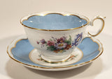 Vintage Crown Fine Bone China Staffordshire England Mixed Flower Pattern Blue and White Gold Trim Tea Cup Saucer