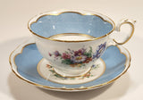 Vintage Crown Fine Bone China Staffordshire England Mixed Flower Pattern Blue and White Gold Trim Tea Cup Saucer