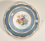 Vintage Crown Fine Bone China Staffordshire England Mixed Flower Pattern Blue and White Gold Trim Tea Cup Saucer