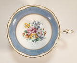 Vintage Crown Fine Bone China Staffordshire England Mixed Flower Pattern Blue and White Gold Trim Tea Cup Saucer