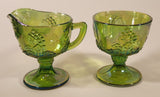 Vintage Indiana Carnival Glass Grapes Iridescent Green Creamer and Sugar Bowl Set with Tray