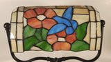 Vintage Blue Hummingbird Red and Blue Flowers Themed 12" Tall Stained Glass Banker's Lamp Style Table Lamp