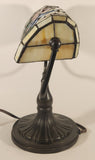 Vintage Blue Hummingbird Red and Blue Flowers Themed 12" Tall Stained Glass Banker's Lamp Style Table Lamp