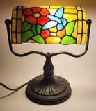 Vintage Blue Hummingbird Red and Blue Flowers Themed 12" Tall Stained Glass Banker's Lamp Style Table Lamp