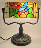Vintage Blue Hummingbird Red and Blue Flowers Themed 12" Tall Stained Glass Banker's Lamp Style Table Lamp