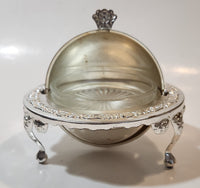 Vintage Engraved Silver Look Dome Roll Top 5 1/4" Diameter Caviar Butter Serving Dish with Glass Insert Made in England