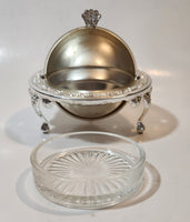 Vintage Engraved Silver Look Dome Roll Top 5 1/4" Diameter Caviar Butter Serving Dish with Glass Insert Made in England