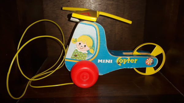 1970 Fisher Price Mini Copter Helicopter Wood Pull Toy - Treasure Valley Antiques & Collectibles