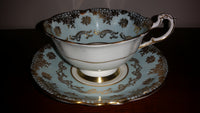 1950s Paragon Teal (light Blue) Tea Cup and Saucer w/ Gold Trim and Gold Snowflake Design - Treasure Valley Antiques & Collectibles