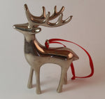 Vintage Silver Plated Pottery Barn Reindeer Ornament with Red Ribbon Hanging - Treasure Valley Antiques & Collectibles