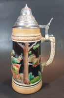 Vintage Jagerlatein German Stoneware  Lidded Beer Stein - Men Drinking At a Table - Treasure Valley Antiques & Collectibles