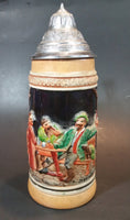 Vintage Jagerlatein German Stoneware  Lidded Beer Stein - Men Drinking At a Table - Treasure Valley Antiques & Collectibles