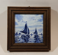 Vintage Villeroy & Boch Porcelain Ships Boats Framed Tile in Delft Blue Style - France - Treasure Valley Antiques & Collectibles