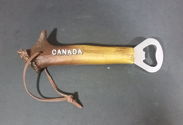 Canada Deer Antler Horn Bar Beverage Metal Bottle Opener with Rawhide Hanger - Treasure Valley Antiques & Collectibles