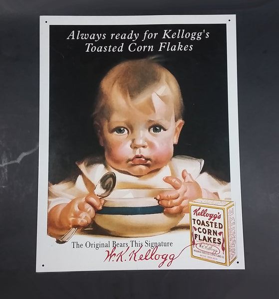 2002 Vintage Style "Always ready for" Kellogg's Toasted Corn Flakes Baby Toddler Tin Sign - Treasure Valley Antiques & Collectibles