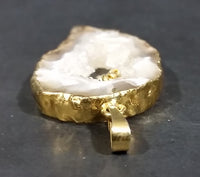 Oco Geode Crystal Slice Gold Plated w/ Brown Yellow Gemstone Necklace Pendant - Treasure Valley Antiques & Collectibles