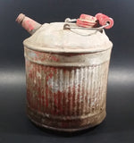 Vintage Round Red Galvanized Metal Gas Gasoline Fuel Canister Can w/ Wood Handle and caps - Treasure Valley Antiques & Collectibles