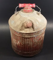 Vintage Round Red Galvanized Metal Gas Gasoline Fuel Canister Can w/ Wood Handle and caps - Treasure Valley Antiques & Collectibles