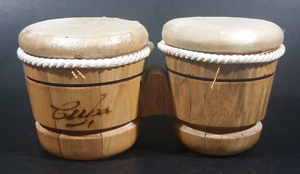 Vintage Wooden Cuban Drums with Hide Small Miniature Wood Burned Decorative Travel Souvenir Collectible - Treasure Valley Antiques & Collectibles